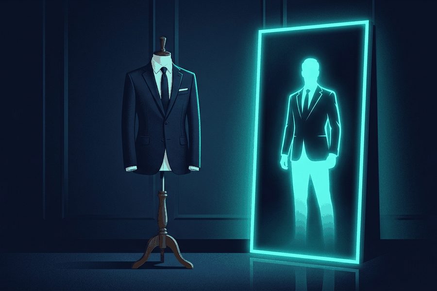 Ilustrasi berpakaian menang: blazer rapi dan kemeja tersuspun di depan cermin dengan pantulan bayangan postur yang tegap dan percaya diri.