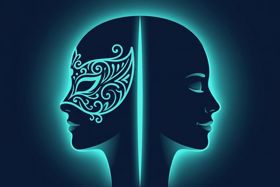 Ilustrasi peran vs diri: kepala manusia dalam profil terbelah garis cahaya, separuh memakai topeng teatrikal, separuh lainnya polos dan tenang.